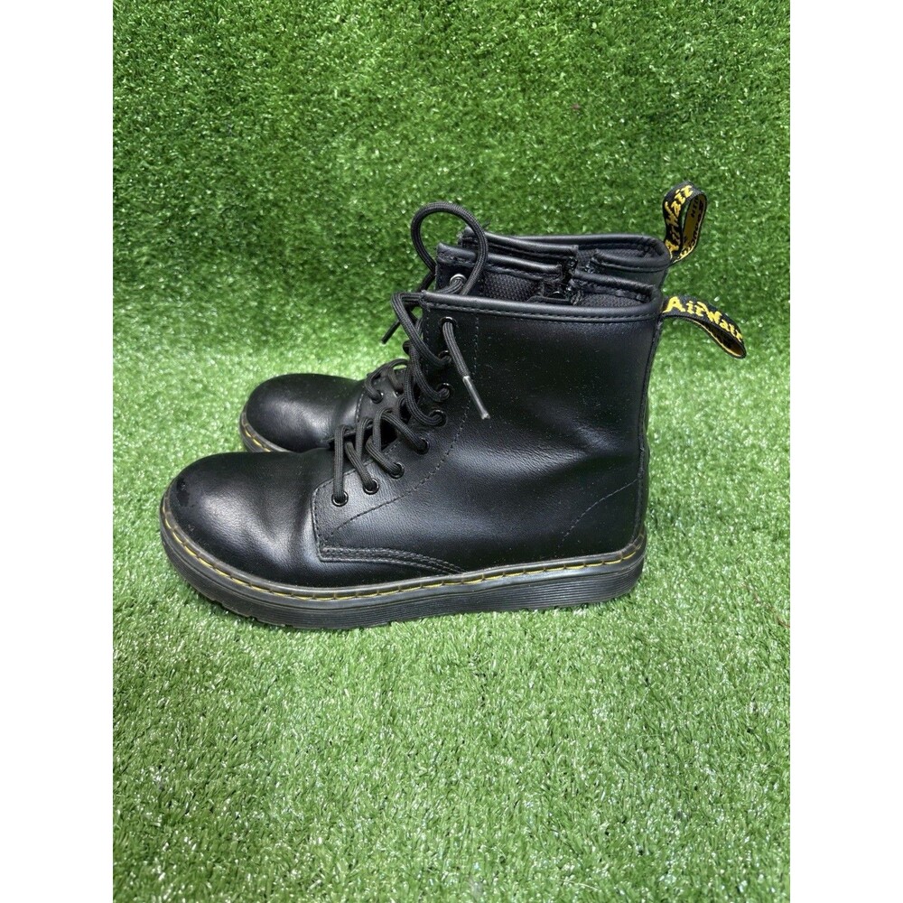 Dr. Martens Zavala J Kids Black Leather Lace-Up Side Zip Combat Boots US 4